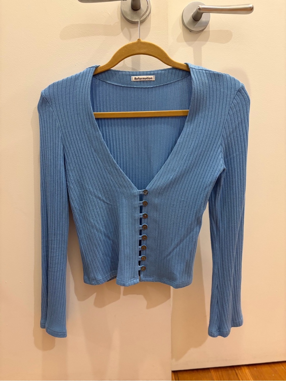 Reformation Blue Ribbed Long-Sleeve Button Cardigan